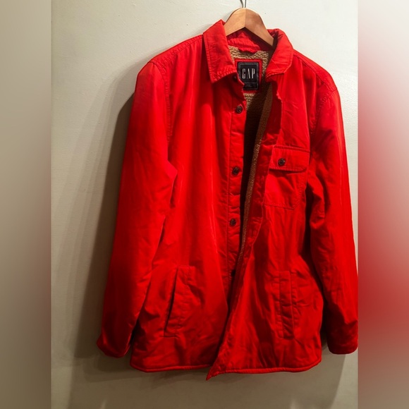 GAP Men's Red Jacket Sherpa lined large fall casual outdoor shirt heavy bright - Picture 9 of 16